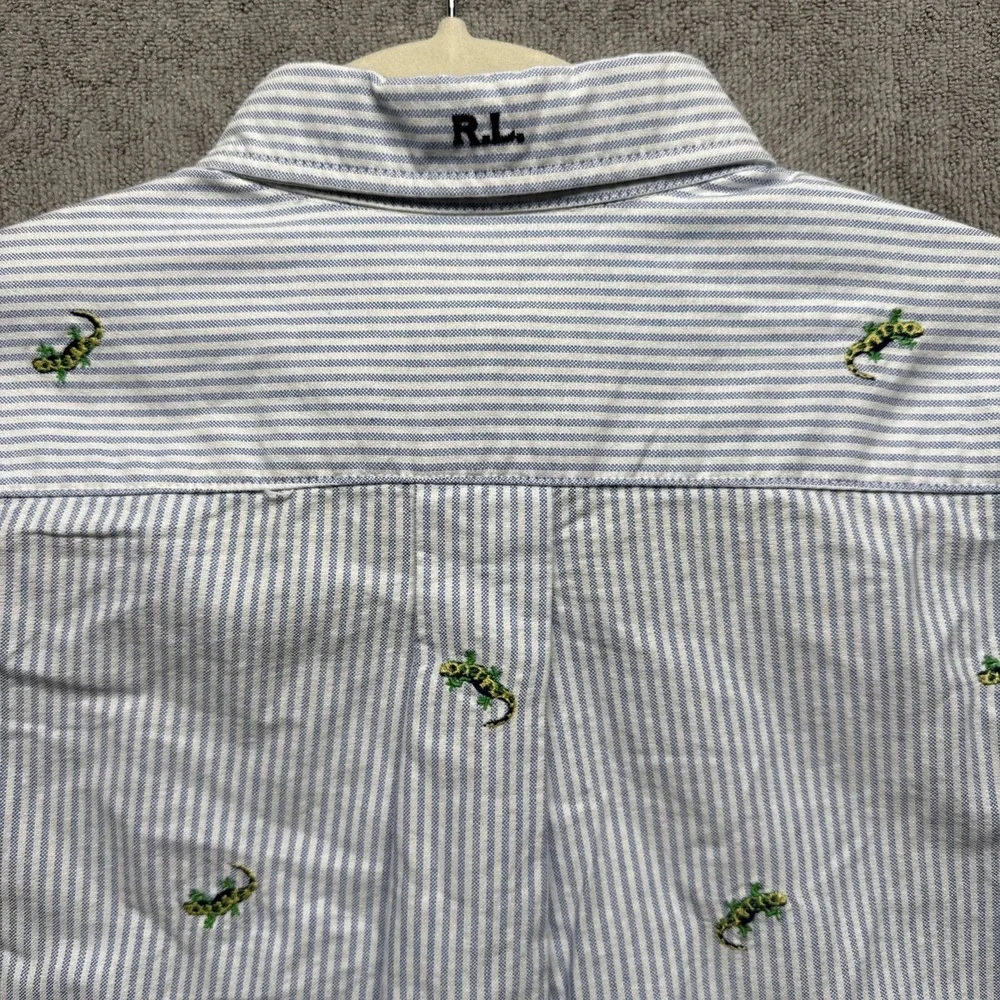 Ralph Lauren Youth Shirt L 14-16 Button Down Blue White Stripe Gecko Embroidered